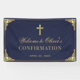 Boy Confirmation Navy Blue Vintage Faux Gold Cross Banner