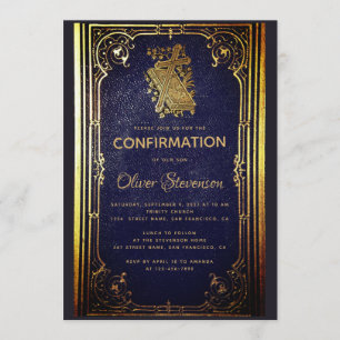Boy Confirmation Vintage Blue Gold Book Elegant  Invitation