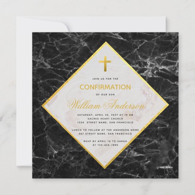 Boy Confirmation White Black Marble Faux Gold Foil Invitation (Front)