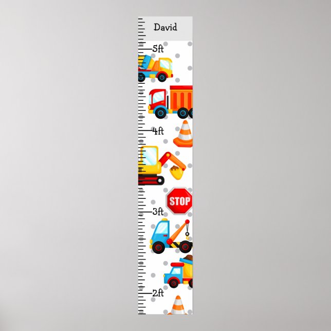 Boy Construction Trucks Growth Chart Personalised (Front)