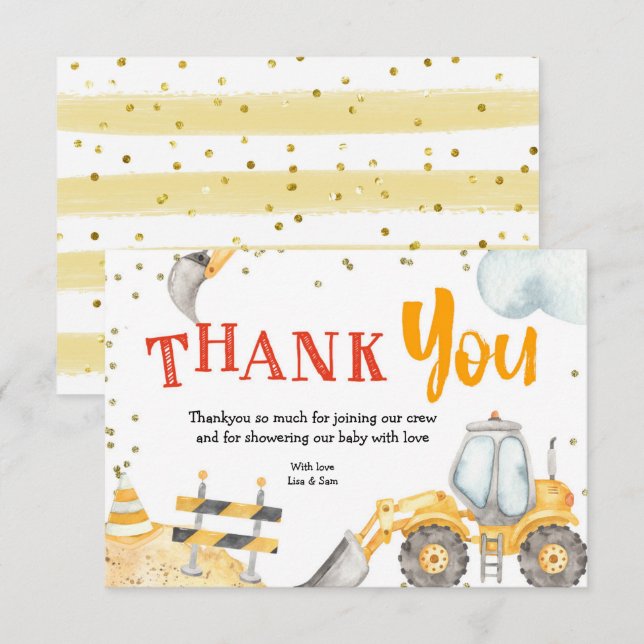 Boy Construction Yellow Truck Thank You card (Front/Back)
