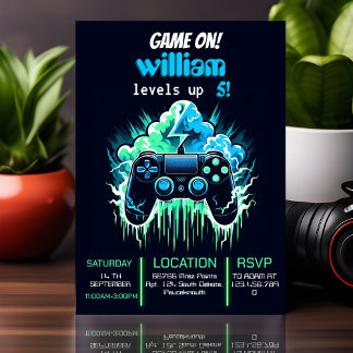 boy cool kids gaming level up 5th birthday invitation