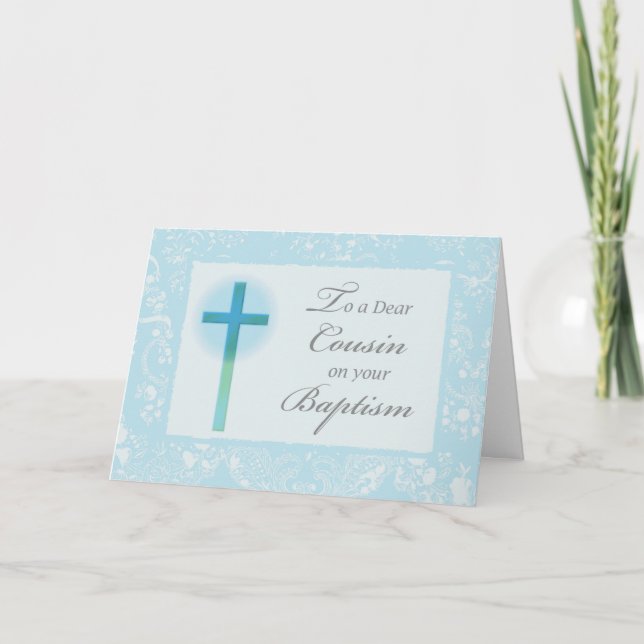 Boy Cousin Baptism Congratulations Cross and Lace  Card (Front)