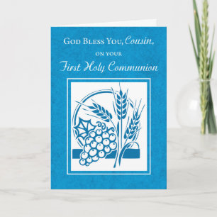 Boy Cousin First Communion, Wheat, Grapes Blue Card