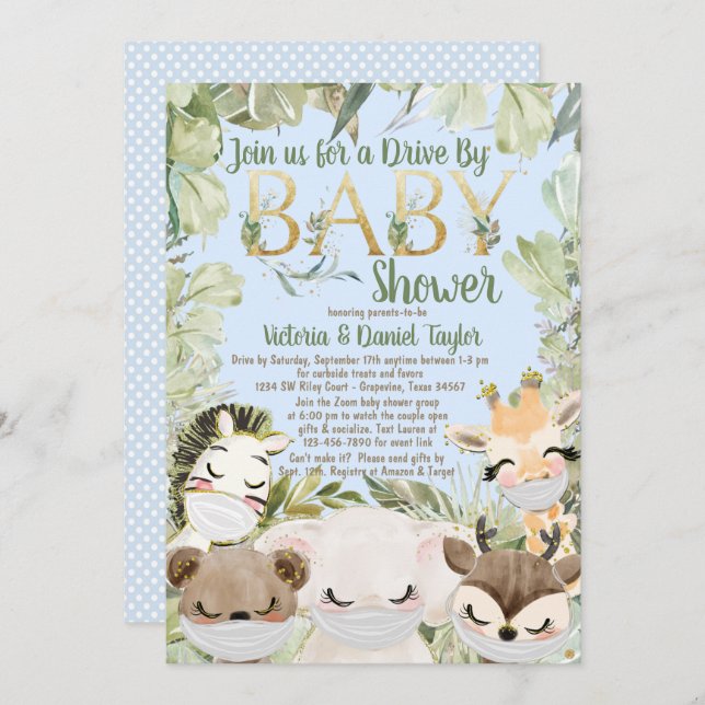 Boy Covid Animals With Masks Greenery Baby Shower Invitation (Front/Back)