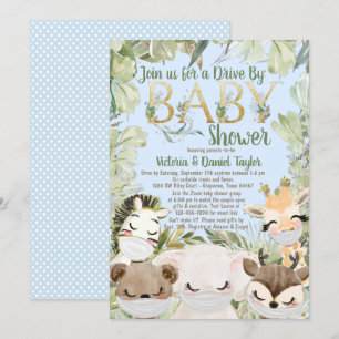 Boy Covid Animals With Masks Greenery Baby Shower Invitation