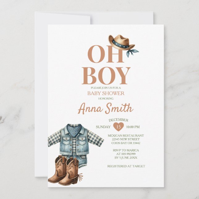 BOY COWBOY outfit baby shower southwestern cactus Invitation (Front)