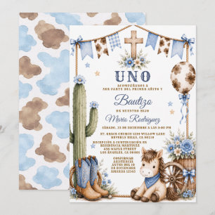 Boy Cowboy Spanish Uno Baptism & 1st Birthday  Invitation