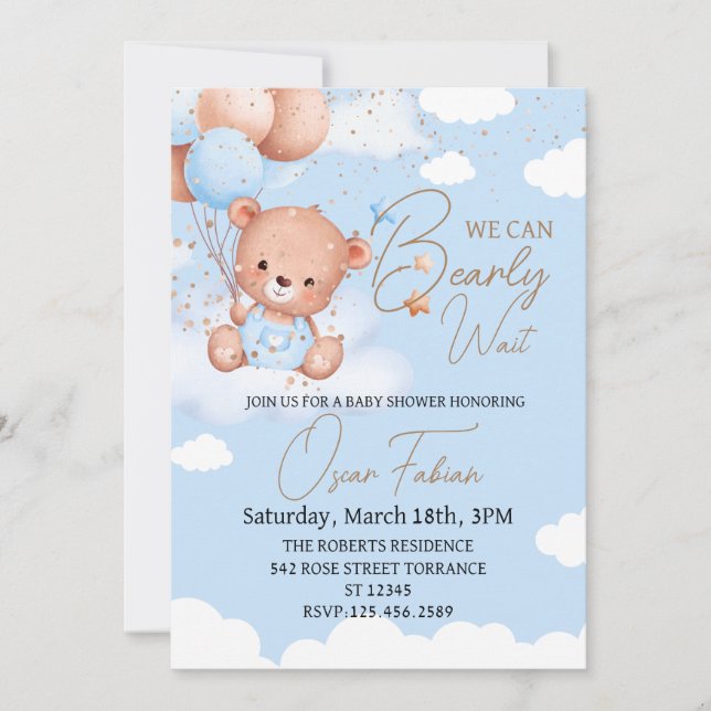 Boy cuddly bear baby shower Invitation (Front)