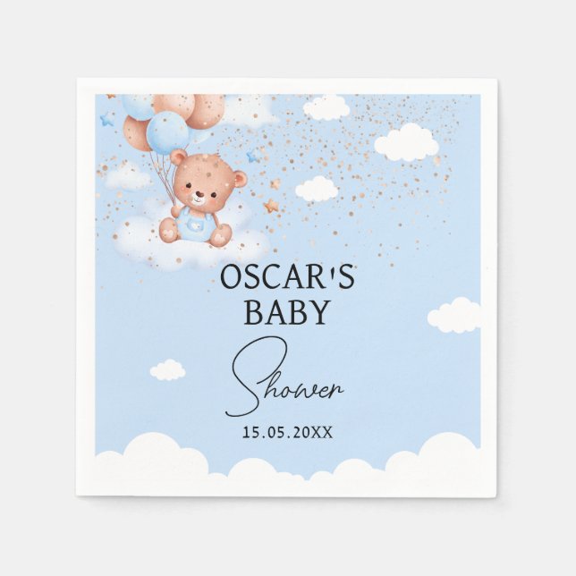 Boy cuddly bear baby shower napkin (Front)