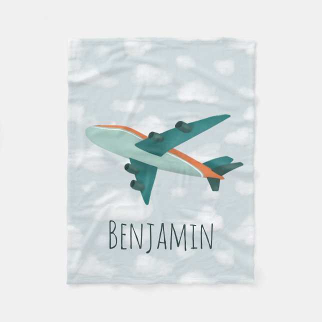 Boy Cute and Modern Blue Aeroplane Kids Fleece Blanket (Front)