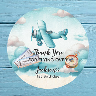 Boy Cute Blue Aeroplane Travel Kids Birthday Custo Classic Round Sticker