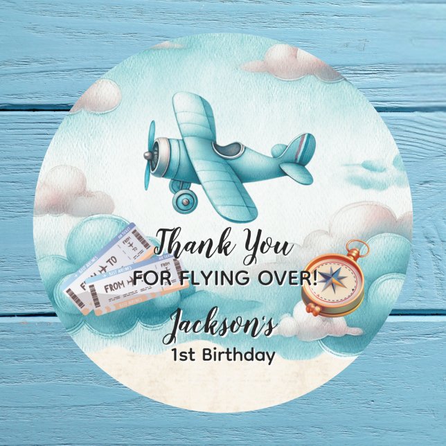 Boy Cute Blue Aeroplane Travel Kids Birthday Custo Classic Round Sticker (Creator Uploaded)
