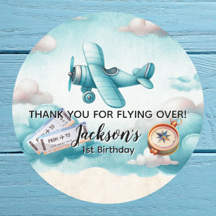 Boy Cute Blue Aeroplane Travel Kids Birthday Custo Classic Round Sticker