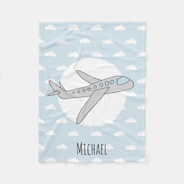 Boy Cute Blue Aeroplane with Name Kids Fleece Blanket (Front)