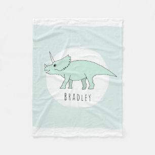 Boy Cute Green Triceratops Dinosaur and Name Kids Fleece Blanket