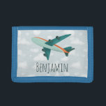 Boy Cute Modern Blue Aeroplane Kids Travel Trifold Wallet<br><div class="desc">This transport-themed aeroplane kids wallet design features a modern blue and orange aeroplane with a background of blue sky and clouds,  and can be personalised with your boy's name. Perfect for an aircraft and travel-loving child! Check out our store for other cute aeroplane designs.</div>