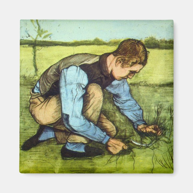 Boy Cutting Grass with Sickle by Vincent van Gogh Magnet (Front)