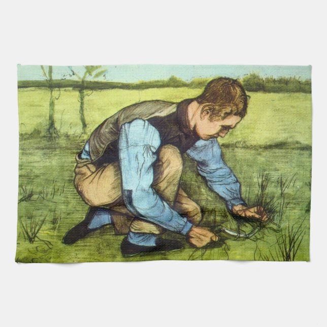 Boy Cutting Grass with Sickle by Vincent van Gogh Tea Towel (Horizontal)