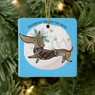 Boy Dachshund Through The Snow Ceramic Ornament