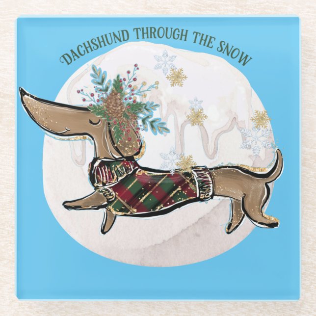 Boy Dachshund Through The Snow Glass Coaster (Front)
