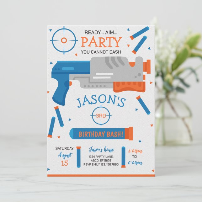 Boy Dart Gun War Birthday Party Invitation (Standing Front)