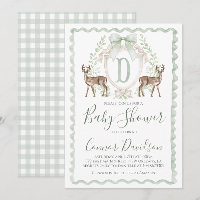 Boy Deer Baby Shower Preppy Hunting Sage Green Invitation (Front/Back)
