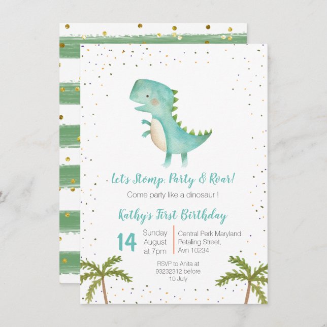 Boy Dino Trex 3rd Birthday Invitation (Front/Back)