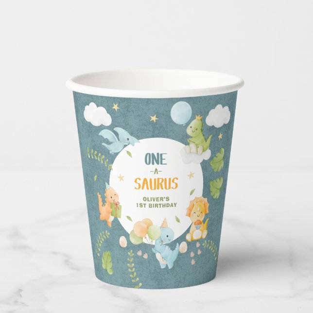 Boy Dinosaur 1st Birthday Party One-A-Saurus Paper Cups (Front)