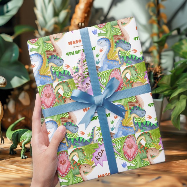 Boy Dinosaur 4th Birthday Invitation Wrapping Paper (Creator Uploaded)