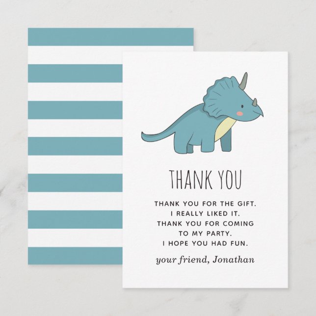 Boy Dinosaur Birthday | Cute Kids Dino Triceratops Thank You Card (Front/Back)