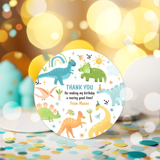 Boy Dinosaur Birthday Party Favour Classic Round Sticker (Creator Uploaded)