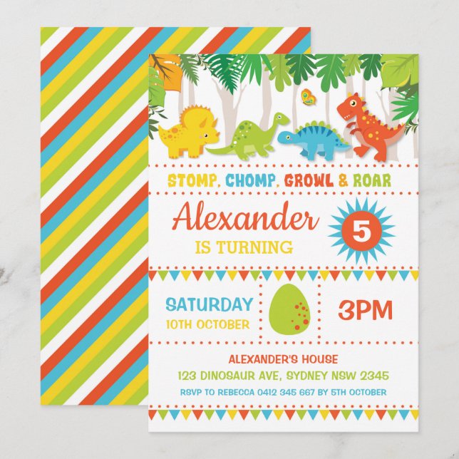 Boy Dinosaur Birthday Roar Dino-Mite Party Invitation (Front/Back)
