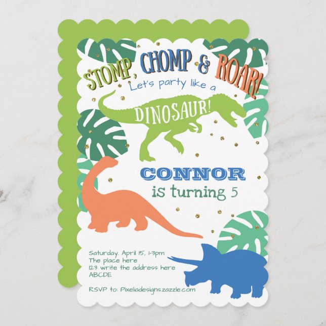 Boy Dinosaur Party, Blue, Green, Dinomite Birthday Invitation (Front/Back)
