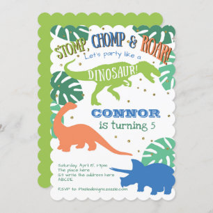 Boy Dinosaur Party, Blue, Green, Dinomite Birthday Invitation