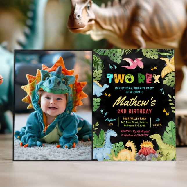 Boy Dinosaur Two Rex 2nd Birthday Party Photo Invitation (Creator Uploaded)