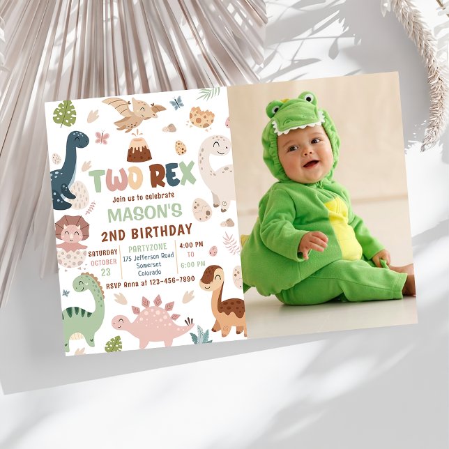 Boy Dinosaur Two Rex 2nd Birthday Party Photo Invitation (Creator Uploaded)
