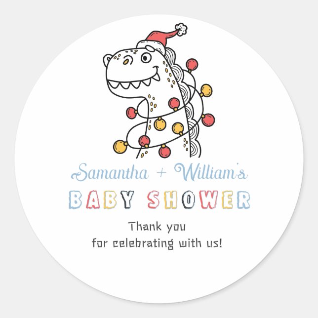 Boy Dinosaur Winter Christmas Coed Baby Shower Classic Round Sticker (Front)