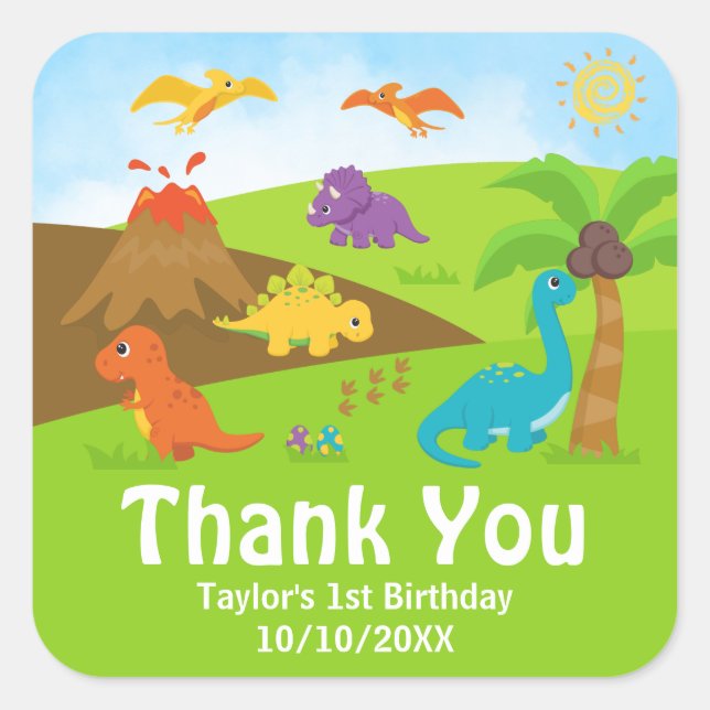 Boy Dinosaurs Birthday Party Thank You Square Stic Square Sticker (Front)