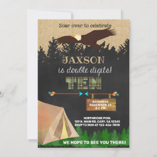 Boy double digits 10th bday camping eagle invite. invitation