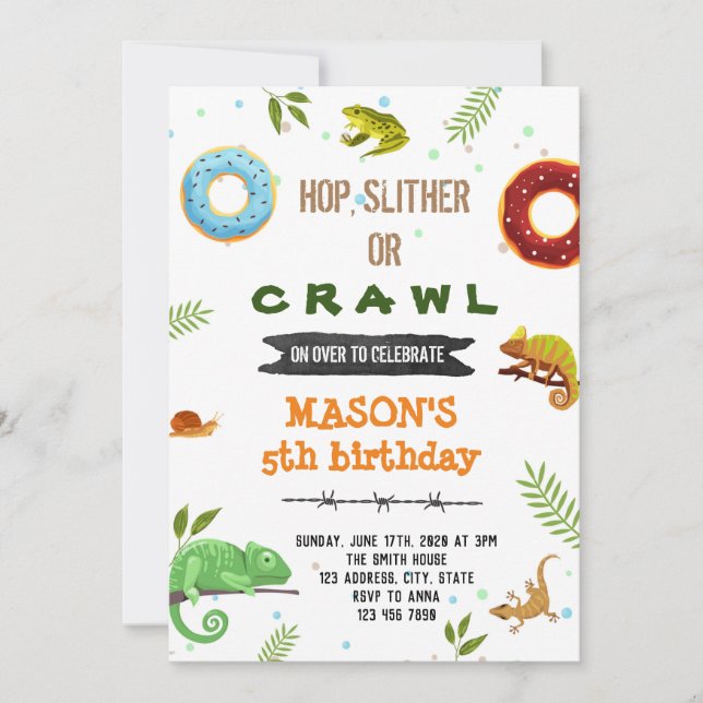 Boy doughnut and reptile party invitation (Front)