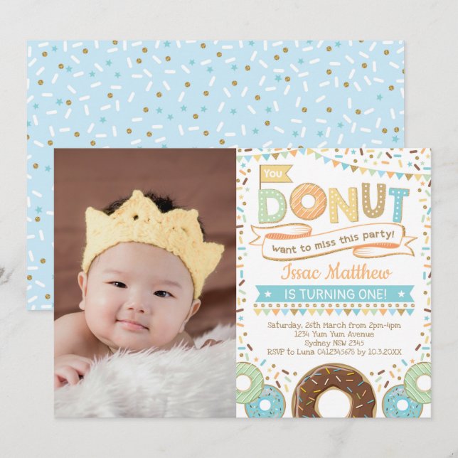 Boy Doughnut Invitation Cute Doughnut Birthday (Front/Back)