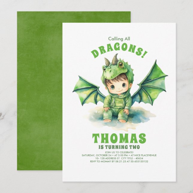 Boy Dragon Birthday Invitations (Front/Back)