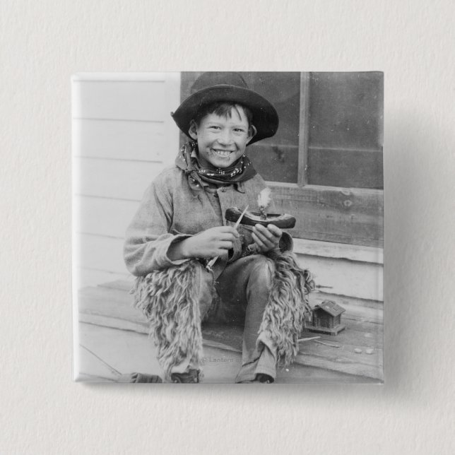 Boy Dressed as Cowboy with Toys 15 Cm Square Badge (Front)
