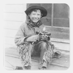 Boy Dressed as Cowboy with Toys Square Sticker