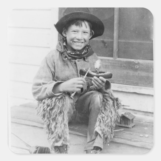 Boy Dressed as Cowboy with Toys Square Sticker (Front)