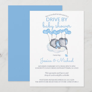 Boy Drive By Baby Shower Blue Elephant on Cloud Invitation
