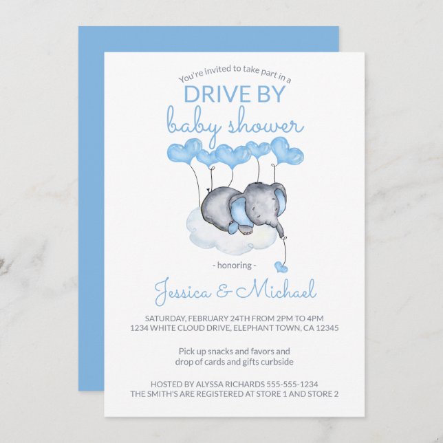 Boy Drive By Baby Shower Blue Elephant on Cloud Invitation (Front/Back)