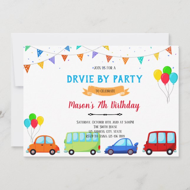 Boy drive by birthday invitation (Front)