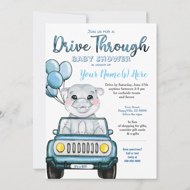Boy Drive Through Baby Shower Hippopotamus in Car Invitation (Front)